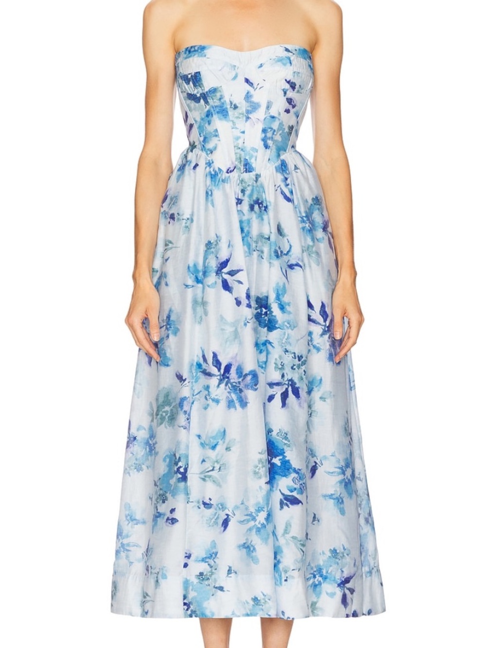 Bardot Revolve Strapless Blue Floral Midi Dress